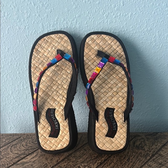 Vintage Skechers Jeweled Flip Flops. Raffia Woven Insole | Y2K Boho Sandals - Picture 9 of 12